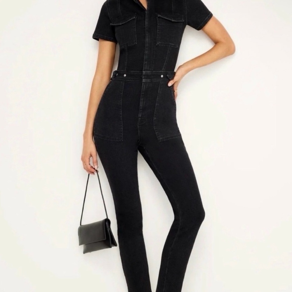 Good American Black Short-Sleeve Denim Jumpsuit